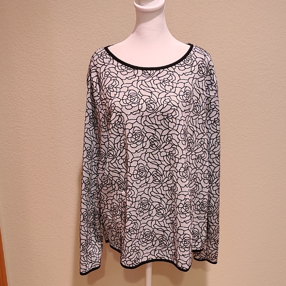 Elle Black and White Floral Long Sleeve Top Size XXL